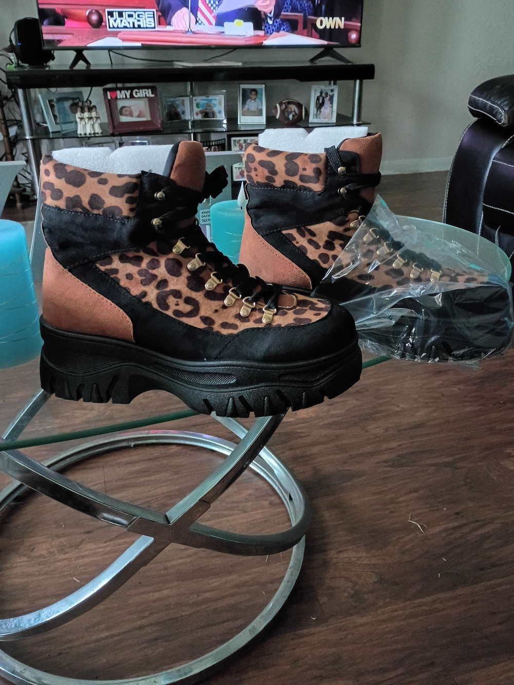 BAMBOO Leopard Print Lace-Up Platform Hiker Boots - Brown/Black